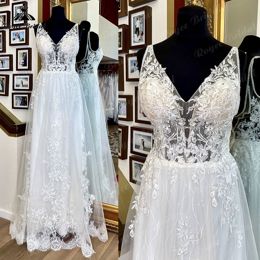 2023 Lace Appliques A Line Boho Wedding Dress with V Neck Open Back Bridal Gowns for Women Beach vestido invitada boda Vintage