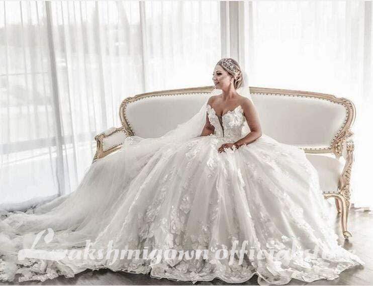 3D Flowrers Ball Gown Wedding Dresses Luxury Lace Appliqued - ROYCEBRIDAL OFFICIAL STORE