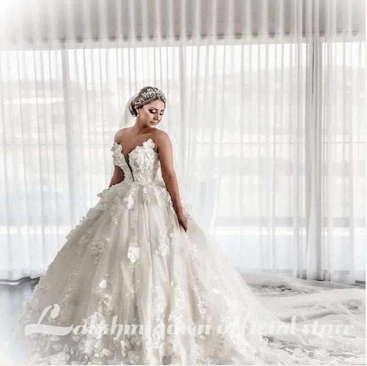 3D Flowrers Ball Gown Wedding Dresses Luxury Lace Appliqued