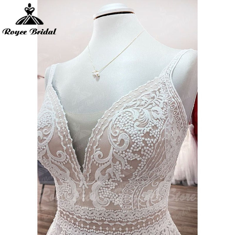 2024 A Line Boho Blush Color Wedding Dress Spaghetti Straps Lace Tulle V Neck Sleeveless Open Back