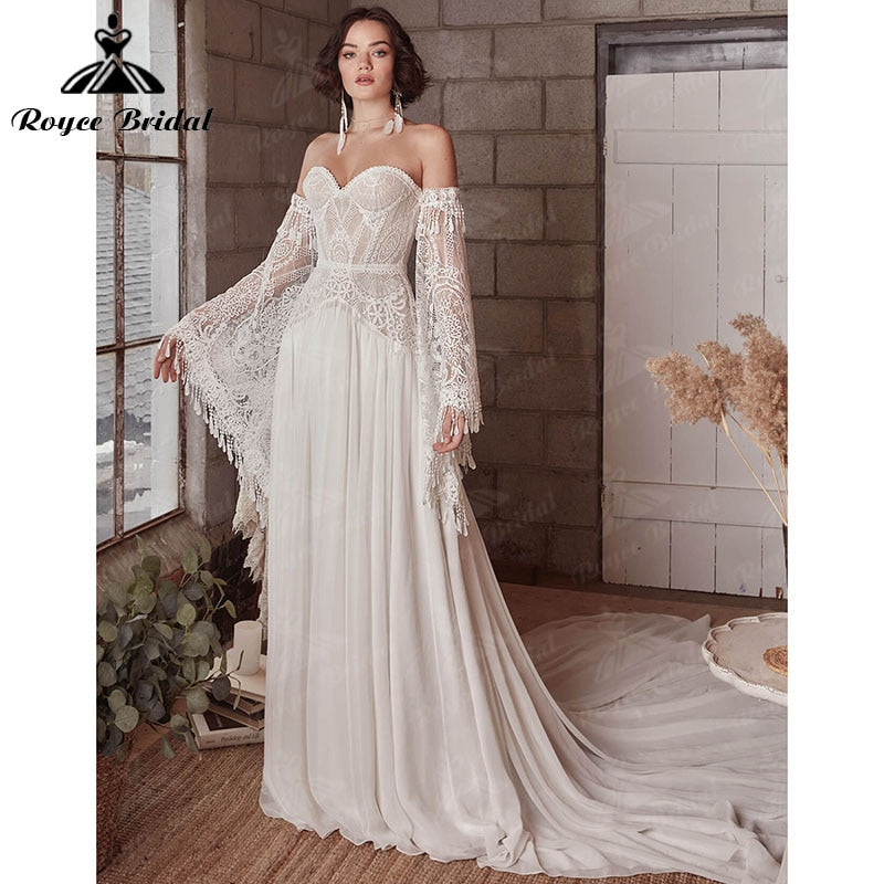 2023 A Line Boho Bohemia Wedding Dress Long Flare Sleeve Lace Chiffon Backless Court Train Sweetheart Robe De Mariée Sheer