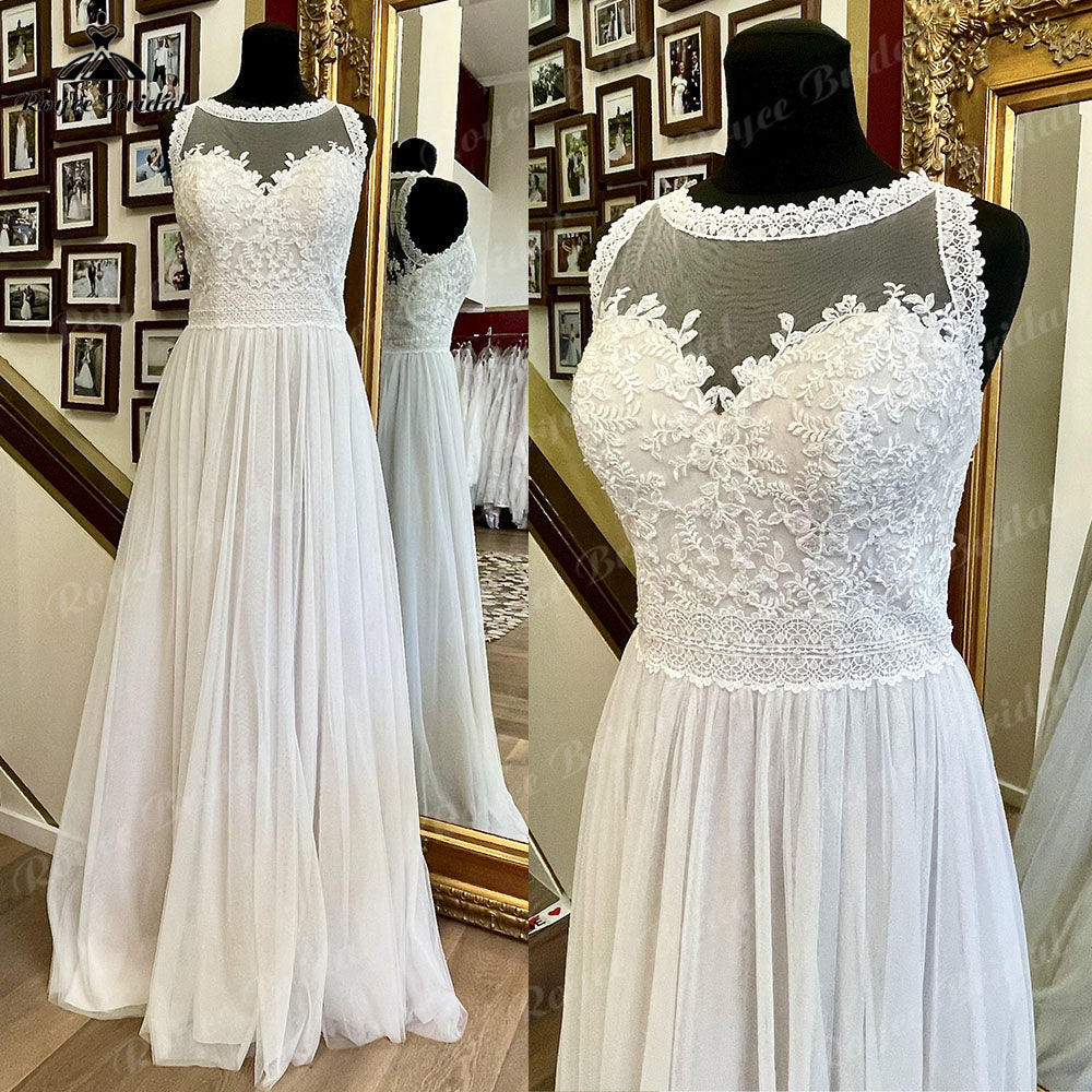 A Line Boho Lace Bodice Beach Sleeveless Wedding Gowns for Women 2023 Robe Bridal Dress Illusion Vestidos De Novia Roycebridal