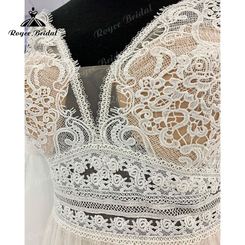 Roycebridal A Line Boho Wedding Dress V Neck Three Quarter Flare Sleeve Lace Bodice Illusion Soft Tulle 2025 Beach Vestidos De Fiesta Bridal