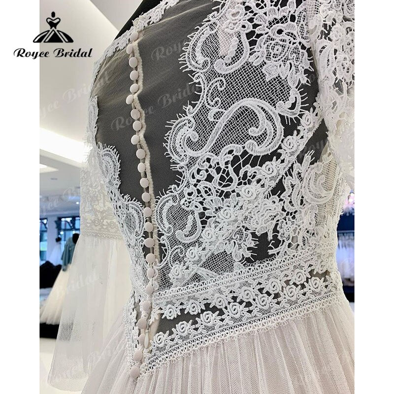 Roycebridal A Line Boho Wedding Dress V Neck Three Quarter Flare Sleeve Lace Bodice Illusion Soft Tulle 2025 Beach Vestidos De Fiesta Bridal