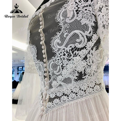 Roycebridal A Line Boho Wedding Dress V Neck Three Quarter Flare Sleeve Lace Bodice Illusion Soft Tulle 2025 Beach Vestidos De Fiesta Bridal