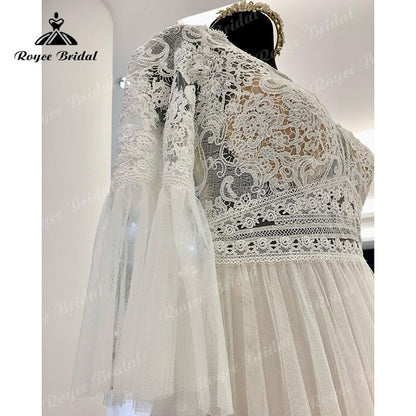 Roycebridal A Line Boho Wedding Dress V Neck Three Quarter Flare Sleeve Lace Bodice Illusion Soft Tulle 2025 Beach Vestidos De Fiesta Bridal