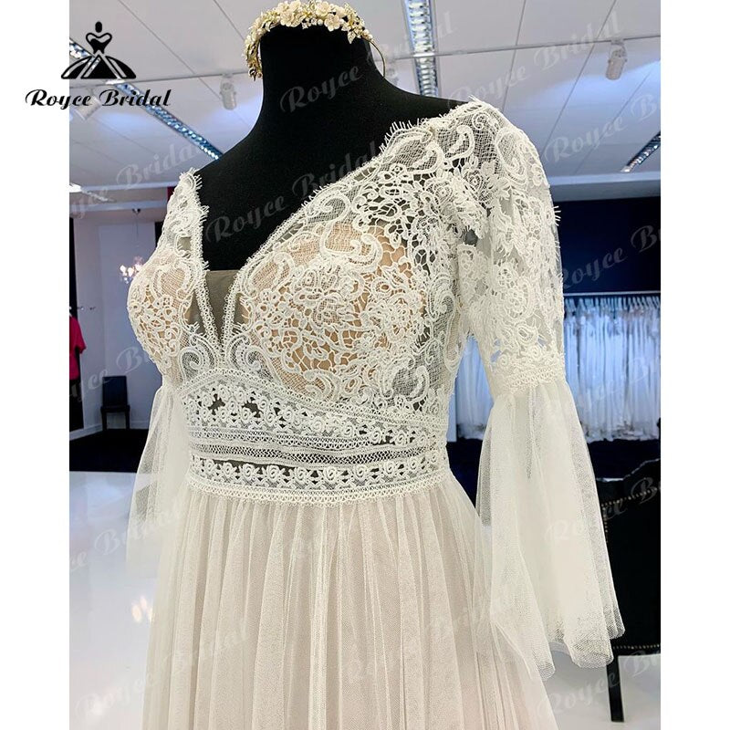 Roycebridal A Line Boho Wedding Dress V Neck Three Quarter Flare Sleeve Lace Bodice Illusion Soft Tulle 2025 Beach Vestidos De Fiesta Bridal
