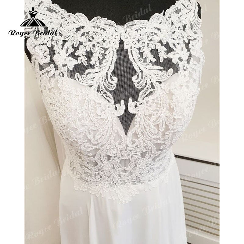 A Line Scoop Neck Lace Wedding Dress Beach Appliques Chiffon Boho 2023 Backlesss Sexy Bridal Wedding Dresses Summer Elegant