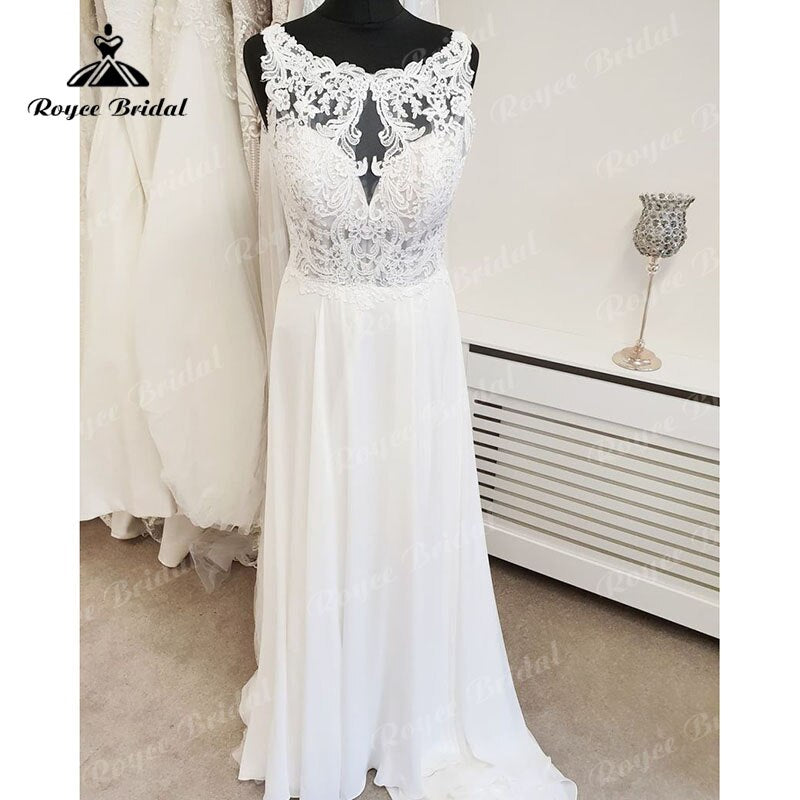 A Line Scoop Neck Lace Wedding Dress Beach Appliques Chiffon Boho 2023 Backlesss Sexy Bridal Wedding Dresses Summer Elegant