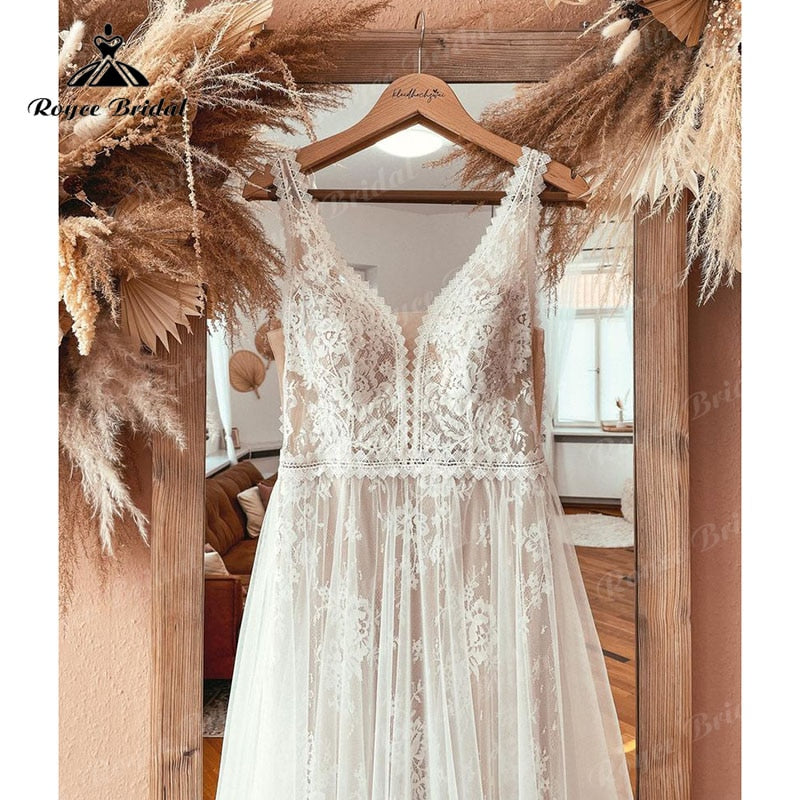 Boheme V Neck Lace Boho Wedding Dress Backless 2023 Robe Mariee Civil Vintage Wedding Gowns for Bridal Vestidos de Nova Beach