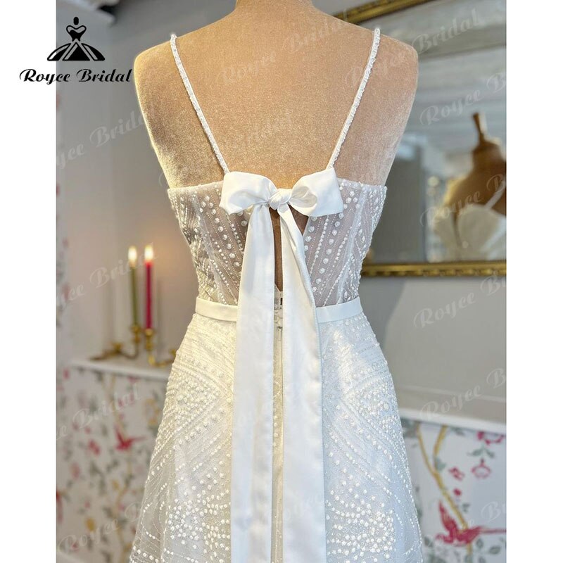 Boho A-Line Wedding Dress Custom For Women 2023 Bride Gown Sexy V-neck Spaghetti Straps Back Lace Up Bow Belt Lace Sweep vestido