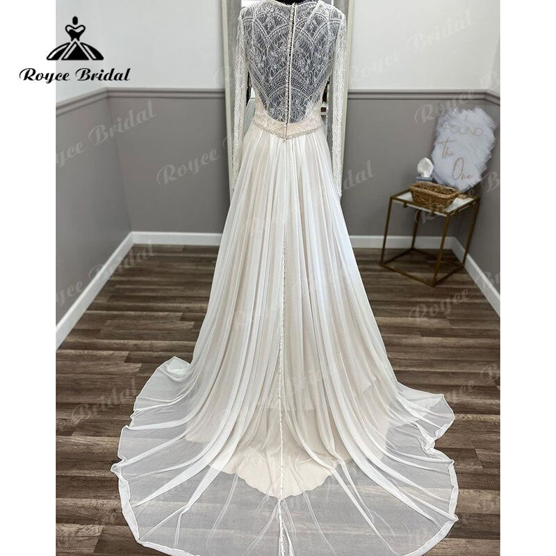 Boho Long Sleeve Lace Chiffon V Neck Illusion A Line Beach Wedding Dress 2024 Wedding Gown
