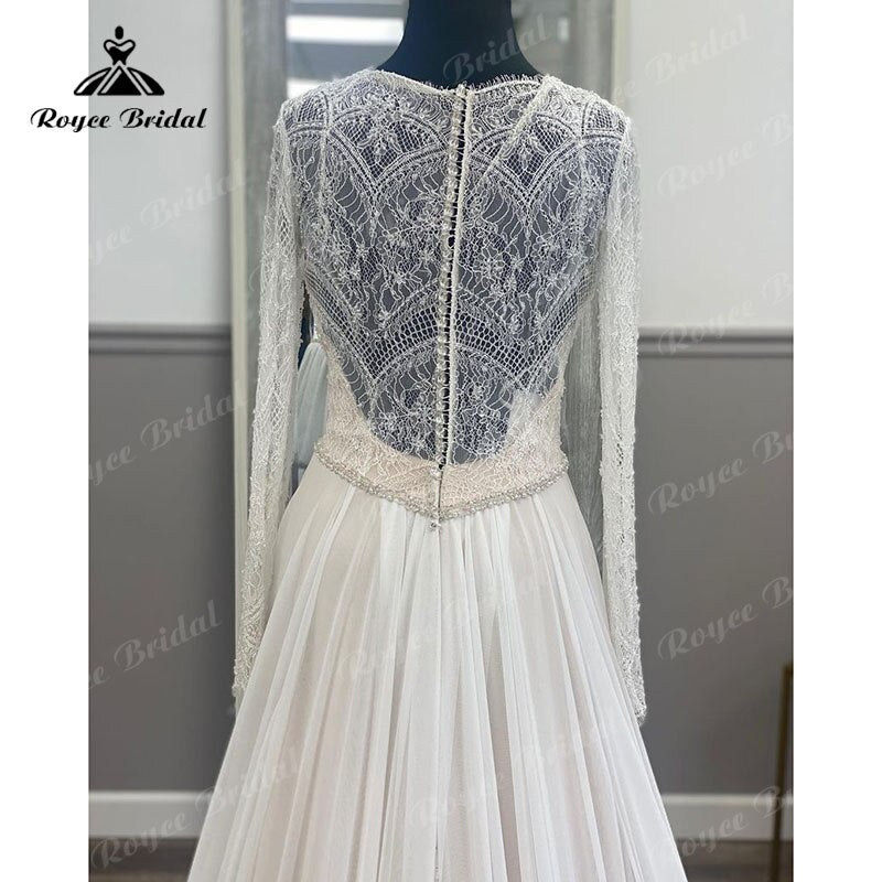 Boho Long Sleeve Lace Chiffon V Neck Illusion A Line Beach Wedding Dress 2023 Wedding Gown Bestidos De Novia Elegant Custom Made