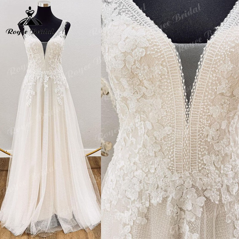 Charming A Line Sleeveless Wedding Dress Tank  Lace Appliques V Neck Open Back Sweep Train Tulle Beach Women Civil Bridal Gowns