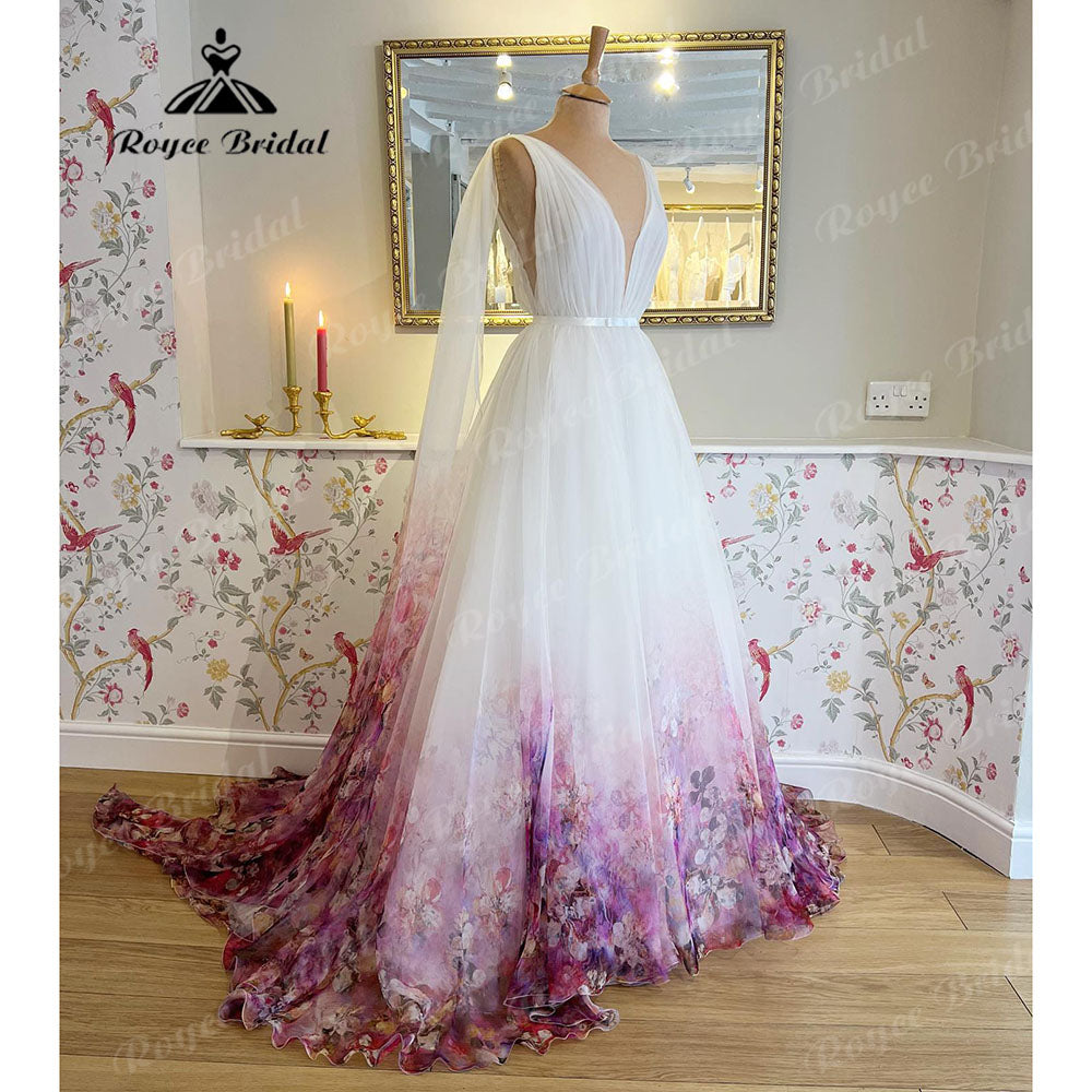 Chaste Print Flower Garden Bridal V Neck Princess Wedding Dress 2023 Vestidos Wedding Gowns Ball Gowns Custom Made Roycebridal