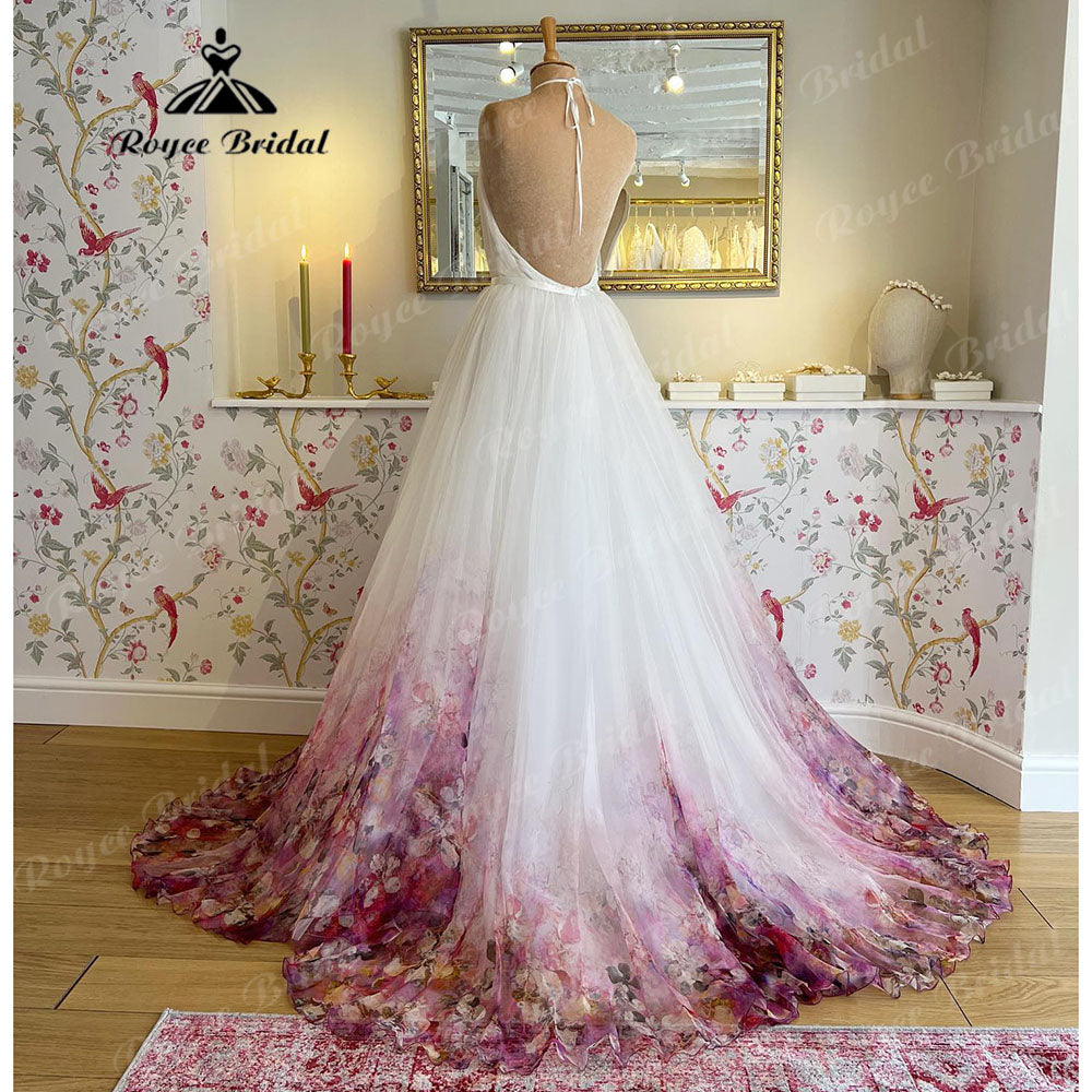 Chaste Print Flower Garden Bridal V Neck Princess Wedding Dress 2023 Vestidos Wedding Gowns Ball Gowns Custom Made Roycebridal