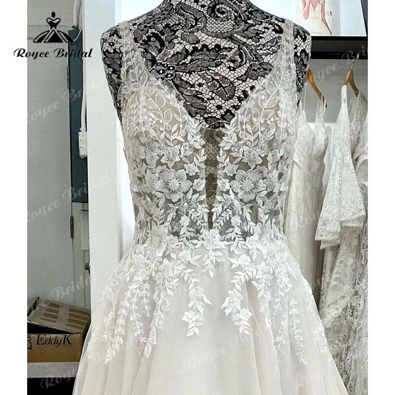 Deep V Neck Lace A Line Boho Wedding Dress Appliques 2023 Bridal Beach Wedding Gowns Custom Made robe soirée mariage Elegant