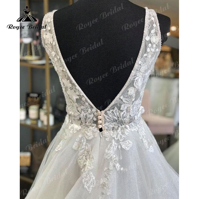 Elegant Princess Shiny Glitter Sleeveless Wedding Dress with Detachable Bow Backless Lace Applique 2022 Women Vestidos de Fiesta