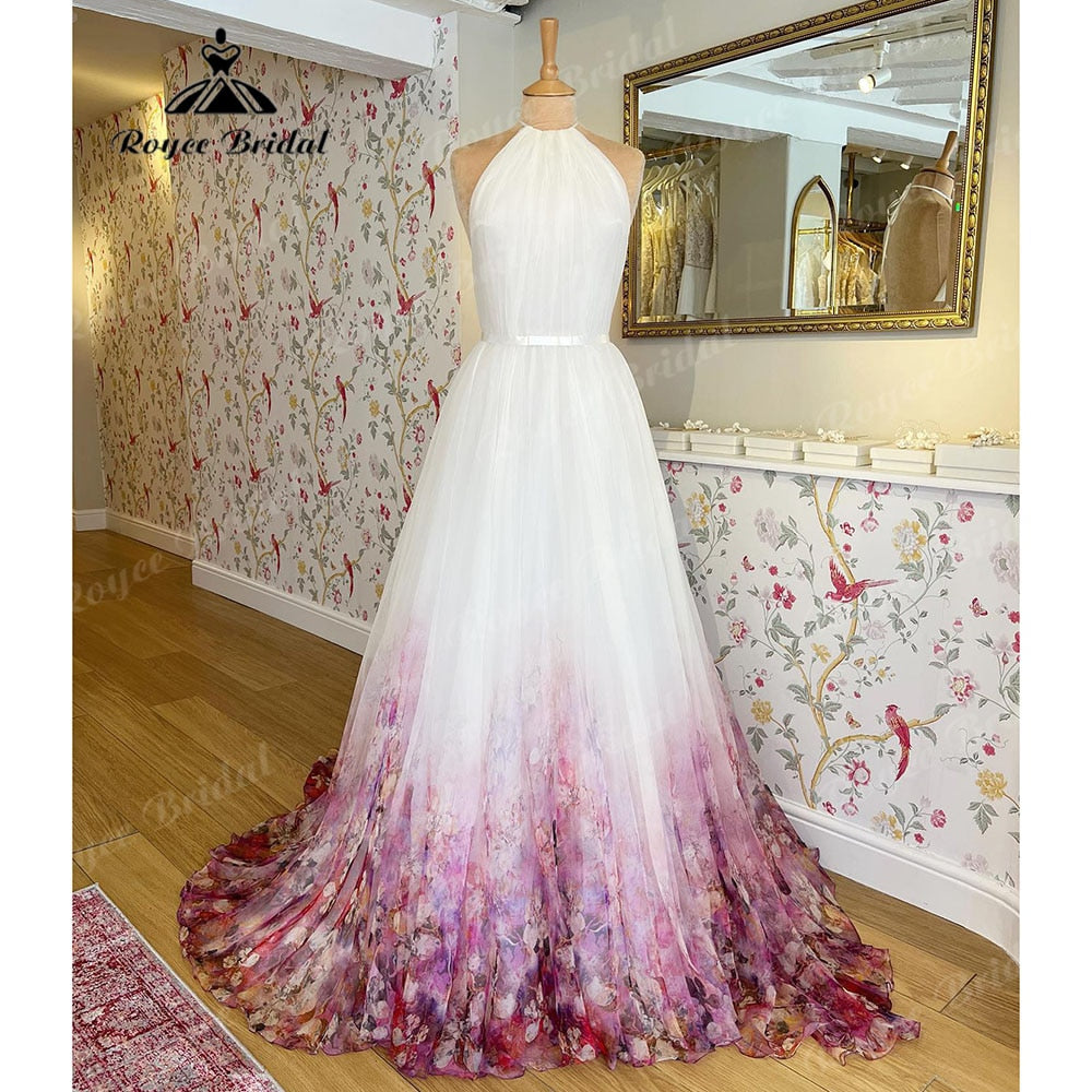 Halter Neck Chiffon A Line Garden Floral Print Wedding Dress Open Back 2023 Pleats Wedding Gowns for Bridal sukienka na wesele