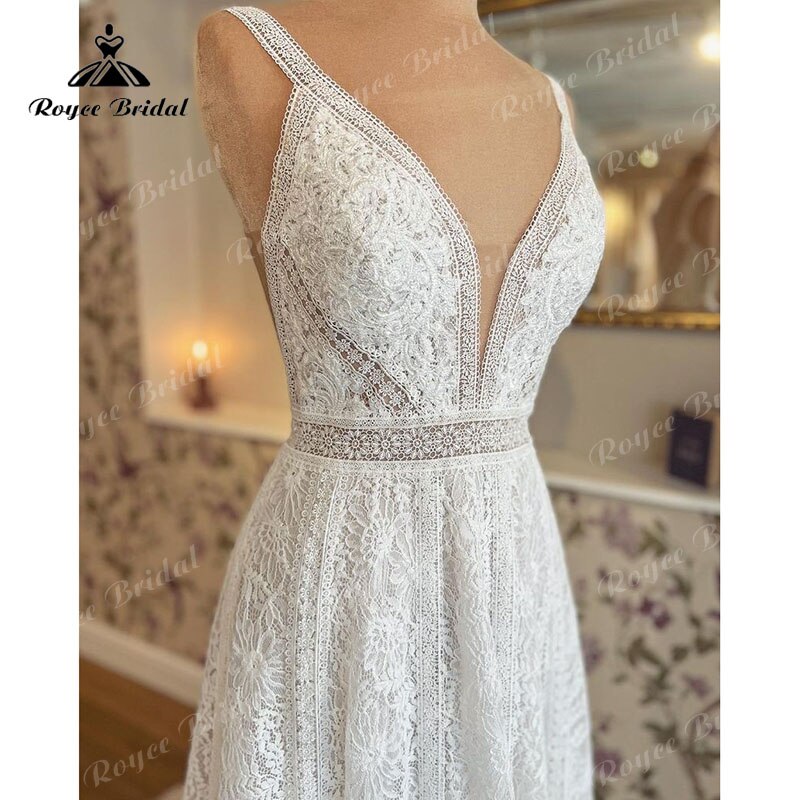 Hochzeitskleid Flowy Boho Spaghetti Straps Wedding Dress with Buttons Lace V Neck Mariage Bridal Gown robe de soirée de mariage