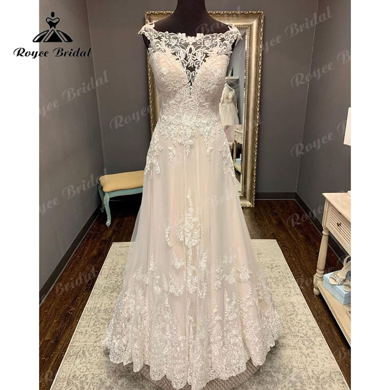 Lace Appliques Illusion Sweep Train Cap Sleeve Blush Pink Boho Wedding Dress A Line Beach Bridal Gown trouwjurk Elegant 2023