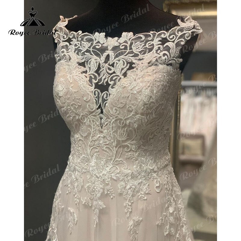 Lace Appliques Illusion Sweep Train Cap Sleeve Blush Pink Boho Wedding Dress A Line Beach Bridal Gown trouwjurk Elegant 2023