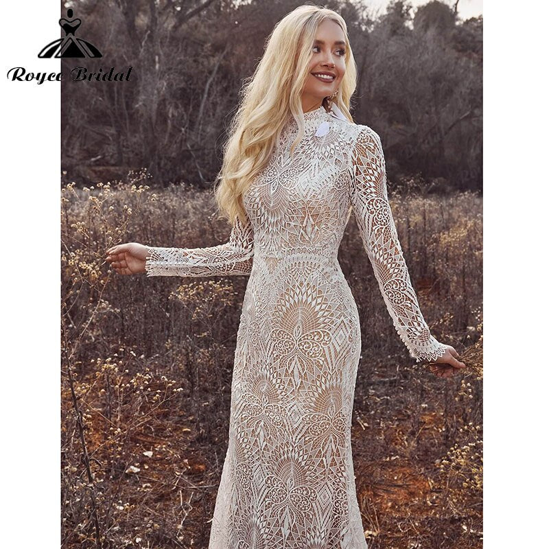 Mermaid Boho Beach Wedding Dresses with Back Buttons Lace High Neck Floral Print Long Sleeve Vestidos De Novia Roycebridal 2025