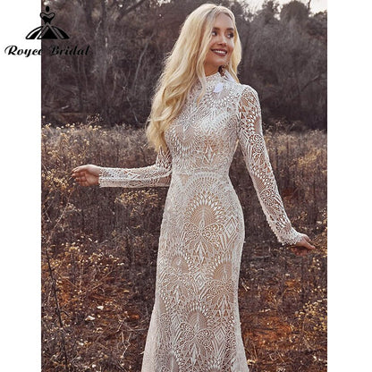 Mermaid Boho Beach Wedding Dresses with Back Buttons Lace High Neck Floral Print Long Sleeve Vestidos De Novia Roycebridal 2025