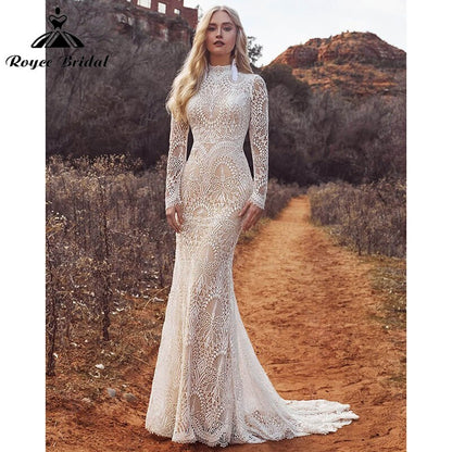 Mermaid Boho Beach Wedding Dresses with Back Buttons Lace High Neck Floral Print Long Sleeve Vestidos De Novia Roycebridal 2025