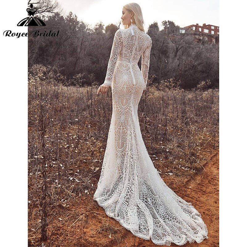 Mermaid Boho Beach Wedding Dresses with Back Buttons Lace High Neck Floral Print Long Sleeve Vestidos De Novia Roycebridal 2025