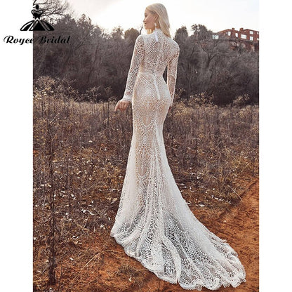 Mermaid Boho Beach Wedding Dresses with Back Buttons Lace High Neck Floral Print Long Sleeve Vestidos De Novia Roycebridal 2025