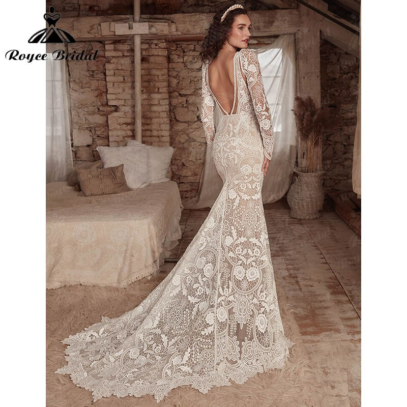 Mermaid Boho Bohemia Wedding Dress with Detachable Tank Long Sleeve Lace Deep V Neck Backlesss Bridal Gowns Robe De Mariée 2022
