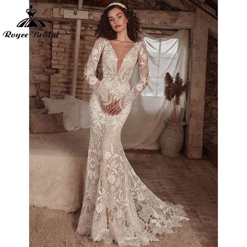 Mermaid Boho Bohemia Wedding Dress with Detachable Tank Long Sleeve Lace Deep V Neck Backlesss Bridal Gowns Robe De Mariée 2022