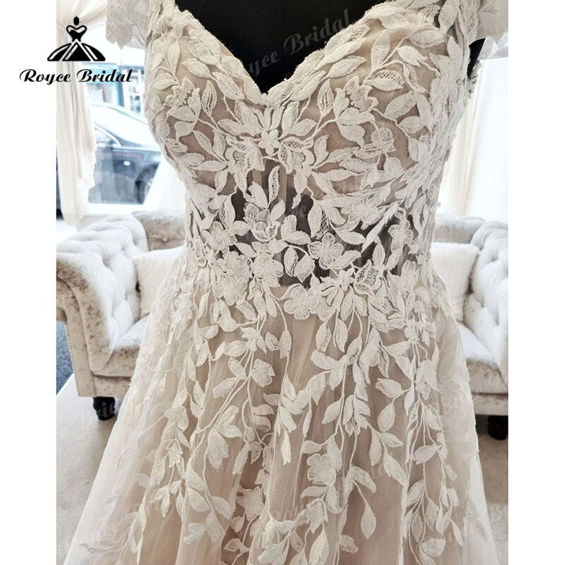 Modest Off the Shoulder Lace Appliques V Neck A Line Beach Wedding Dress 2023 Chic Robe Bridal Gown for Women Custom Made