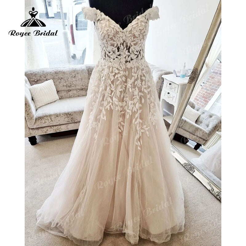 Modest Off the Shoulder Lace Appliques V Neck A Line Beach Wedding Dress 2023 Chic Robe Bridal Gown for Women Custom Made