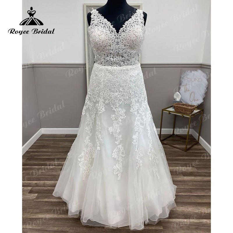 Plus Size V Neck Lace Appliques Backless Sweep Train Mermaid/Trumpet Wedding Dress vestido de boda corte sirena Elegant 2023