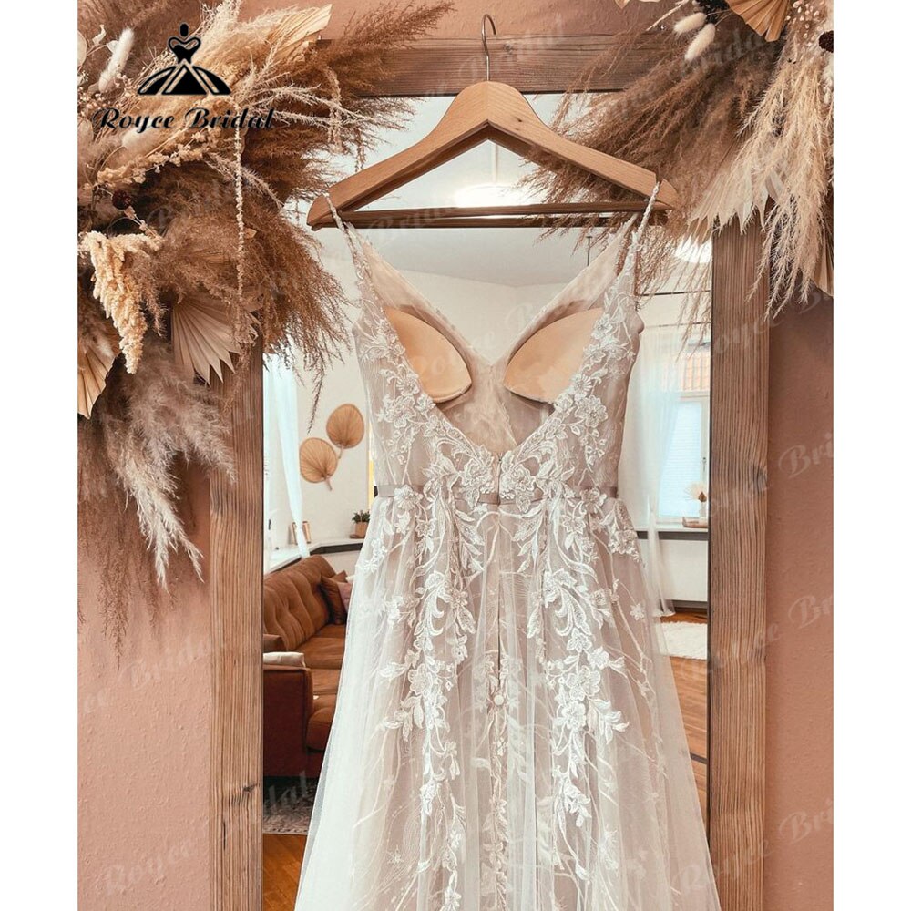 Robe Boho Champagne Lace Bohemian Backless Wedding Dress Beach V Neck 2023 Appliques Spaghetti Straps Bridal Gowns Custom Made