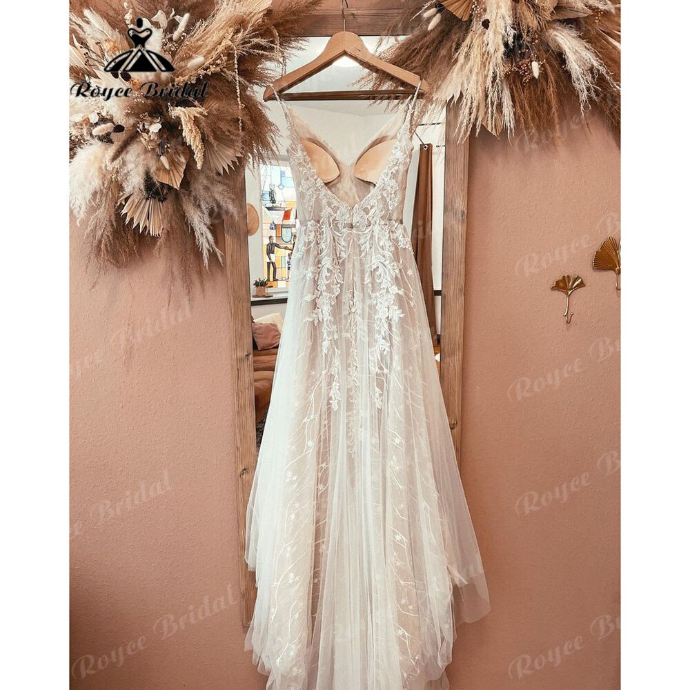 Robe Boho Champagne Lace Bohemian Backless Wedding Dress Beach V Neck 2023 Appliques Spaghetti Straps Bridal Gowns Custom Made