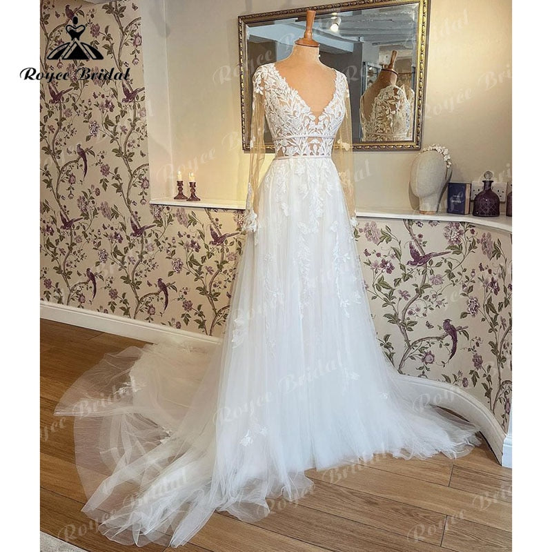Robe De Mariee Mariage Wedding Dress Long Sleeve Lace Applique V Neck Sweep Train Bridal Gowns 2022 Robe Civil vestidos de novia