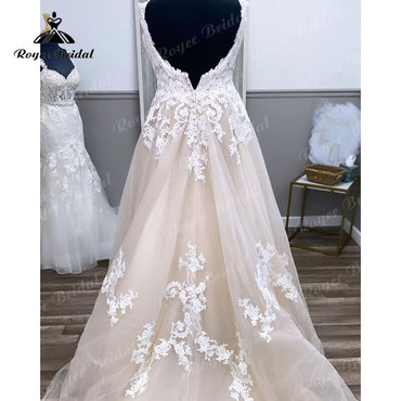 Roycebridal Robes De Mariage Gorgeous Plus Size V Neck Lace Appliques Backless Champagne Wedding Dress Vintage Vestidos Novia Wedding Gowns