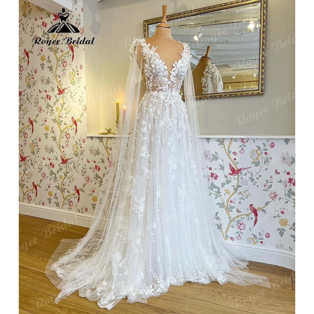 Romantic Lace Floral Fairy Beach Wedding Dress with Deep V Neck 2023 Bridal Gown Wedding vestido largo invitada boda Roycebridal