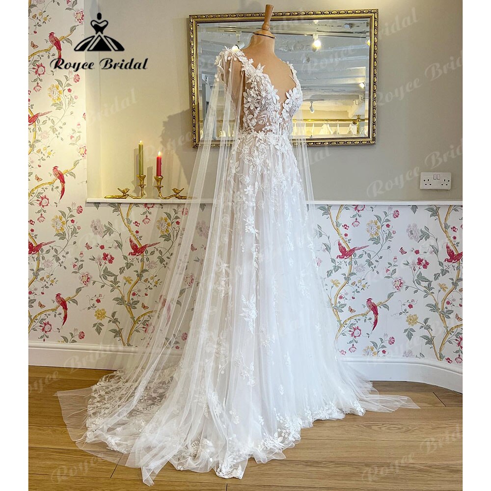 Romantic Lace Floral Fairy Beach Wedding Dress with Deep V Neck 2023 Bridal Gown Wedding vestido largo invitada boda Roycebridal