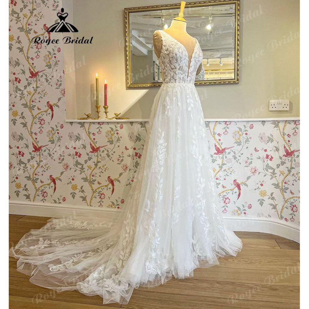Roycebridal 2023 Robe Mariage Wedding Dress V Neck Lace Appliques Wedding Gowns for Bridal robe de réception de mariage Elegant