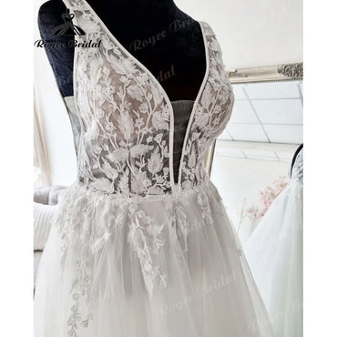 Roycebridal A Line Beach Lace Wedding Dress V Neck Appliques 2025 Tulle Bridal Gown Custom Made vestido noiva Open Back Elegant