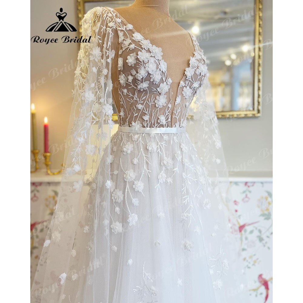 Roycebridal Deep V Neck Lace Floral Beach Fairy Wedding Dresses with Cape 2025 Backless Wedding Gowns vestido de noiva princesa