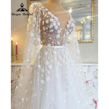 Roycebridal Deep V Neck Lace Floral Beach Fairy Wedding Dresses with Cape 2025 Backless Wedding Gowns vestido de noiva princesa
