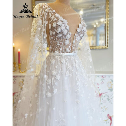 Roycebridal Deep V Neck Lace Floral Beach Fairy Wedding Dresses with Cape 2025 Backless Wedding Gowns vestido de noiva princesa