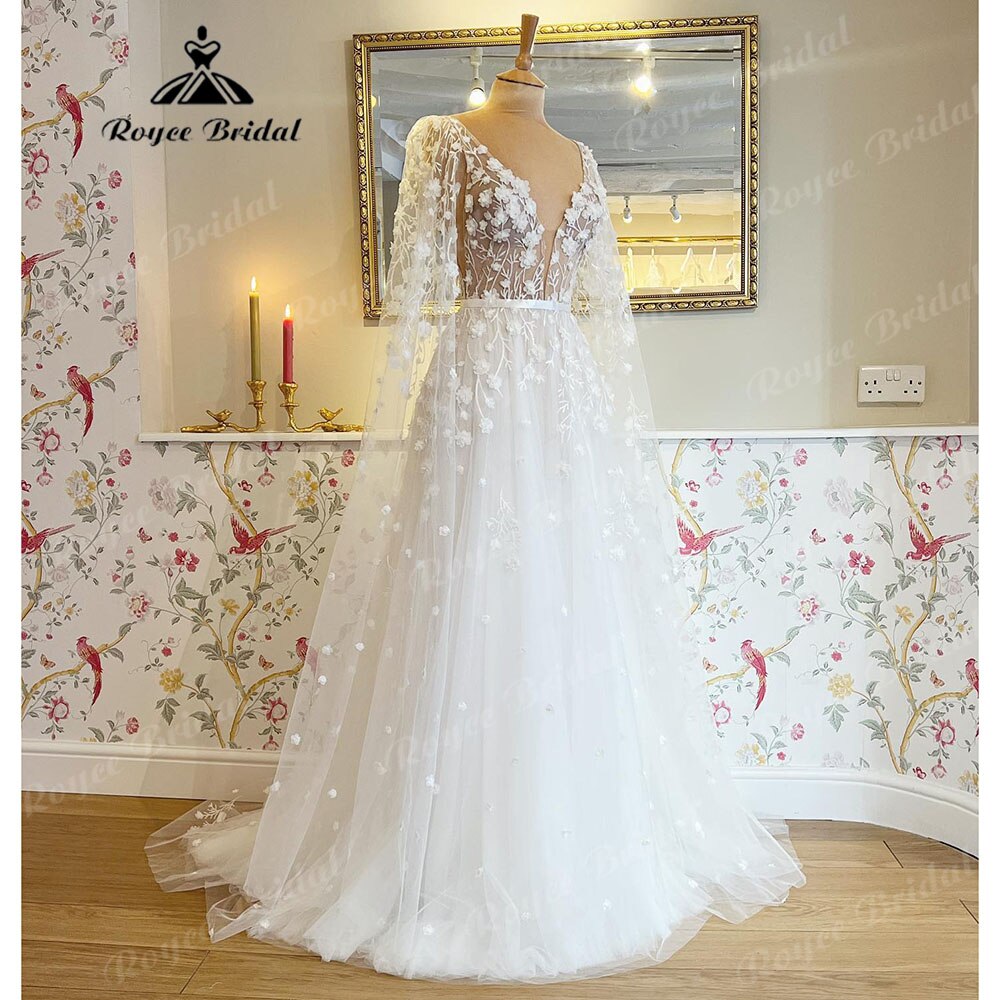 Roycebridal Deep V Neck Lace Floral Beach Fairy Wedding Dresses with Cape 2023 Backless Wedding Gowns vestido de noiva princesa