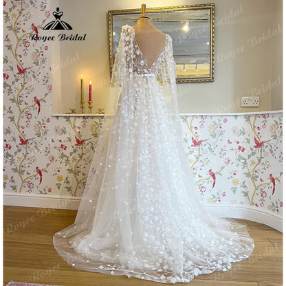Roycebridal Deep V Neck Lace Floral Beach Fairy Wedding Dresses with Cape 2025 Backless Wedding Gowns vestido de noiva princesa