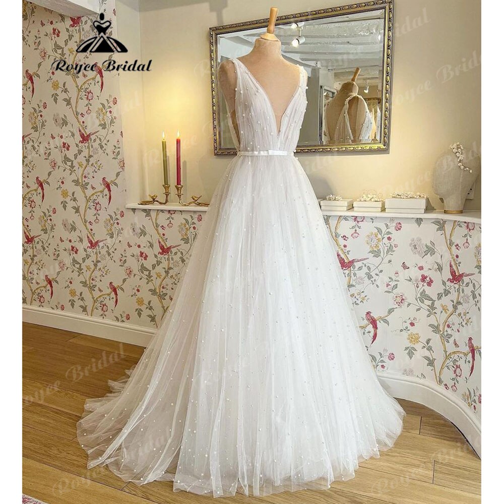 Roycebridal Modest Pearls Summer Beach Deep V Neck Wedding Dress 2023 Boho A Line Bridal Gowns Open Back Custom Made vestidos